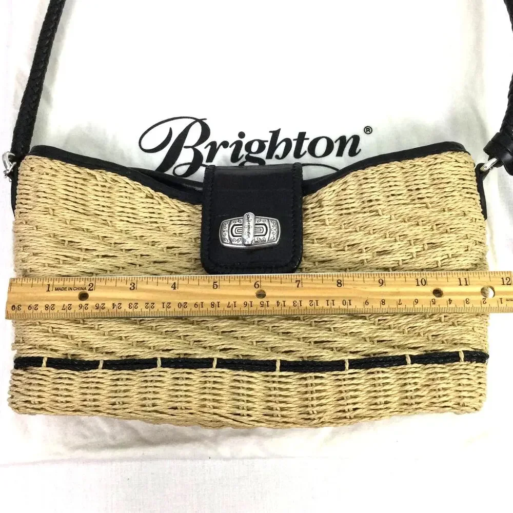 Brighton Cottagecore Cream Woven Straw Black Leather Braided Handle Baguette